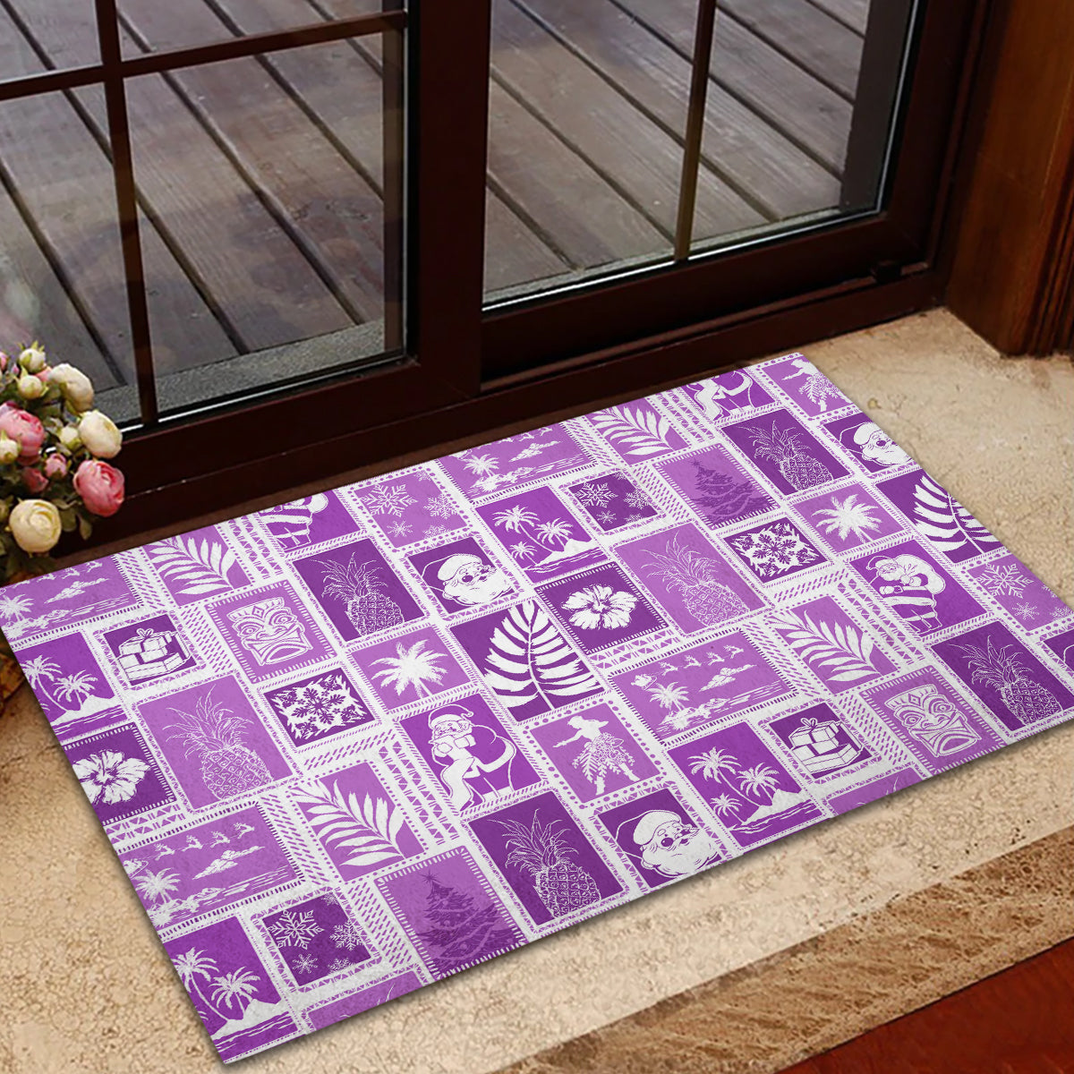 Hawaii Christmas Retro Patchwork Rubber Doormat Violet LT7 - Polynesian Pride