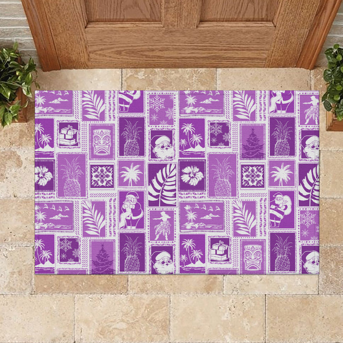 Hawaii Christmas Retro Patchwork Rubber Doormat Violet LT7 - Polynesian Pride