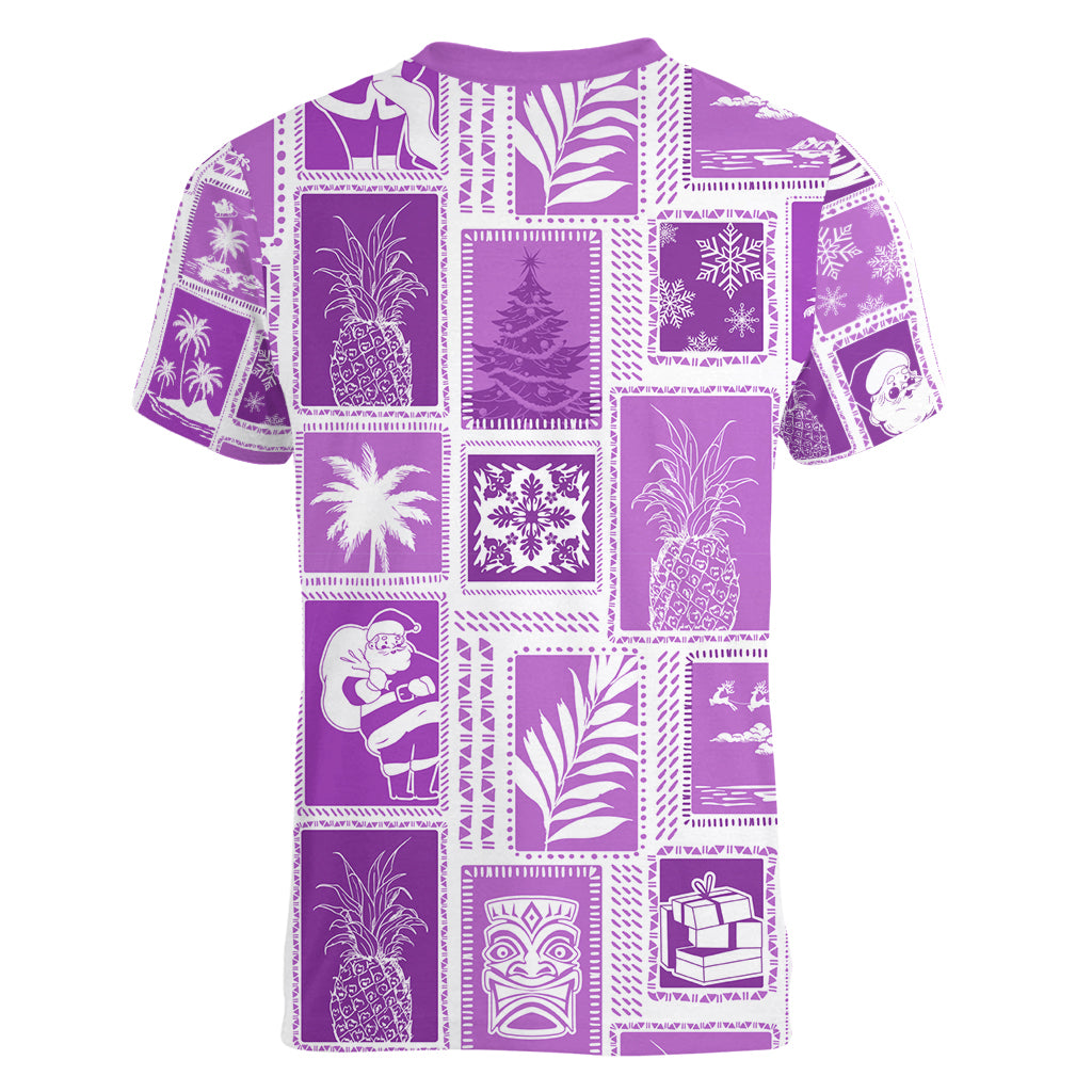 Hawaii Christmas Retro Patchwork Women V Neck T Shirt Violet LT7 - Polynesian Pride