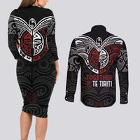 Maori Hongi Toitu Te Tiriti Couples Matching Long Sleeve Bodycon Dress and Long Sleeve Button Shirt Tangata Tiriti Stand With Tangata Whenua