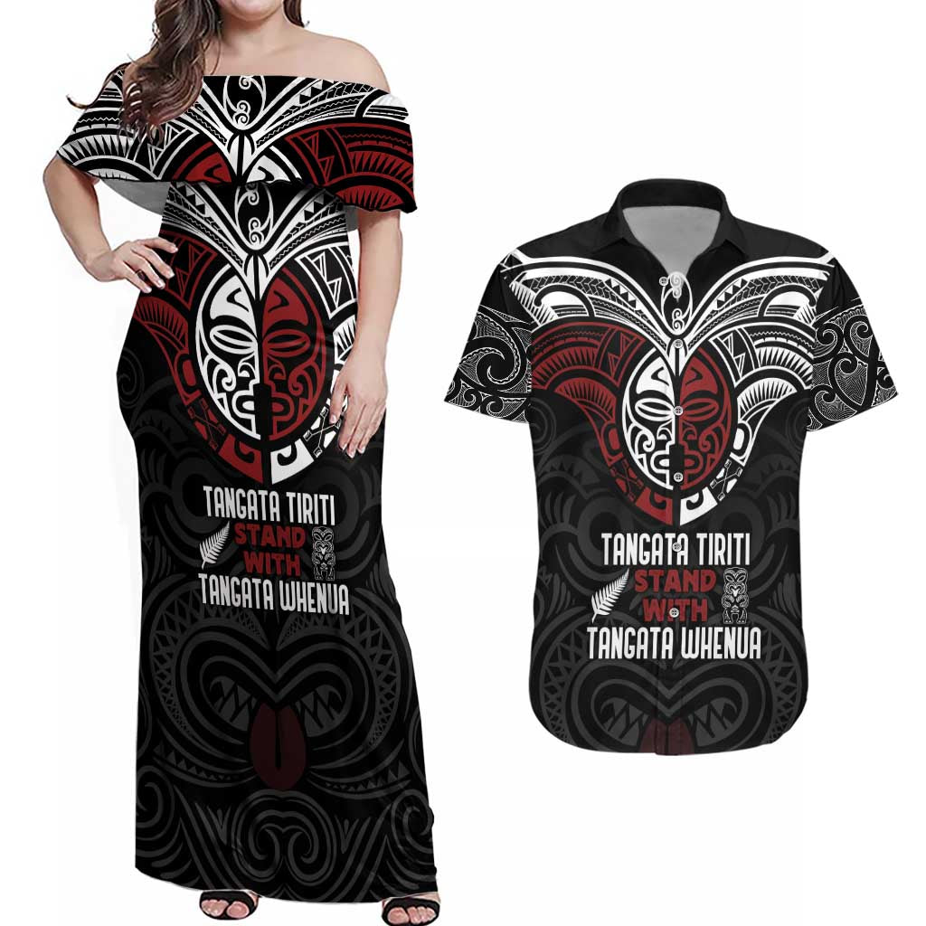 Maori Hongi Toitu Te Tiriti Couples Matching Off Shoulder Maxi Dress and Hawaiian Shirt Tangata Tiriti Stand With Tangata Whenua LT7 Black - Polynesian Pride