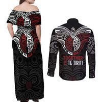 Maori Hongi Toitu Te Tiriti Couples Matching Off Shoulder Maxi Dress and Long Sleeve Button Shirt Tangata Tiriti Stand With Tangata Whenua