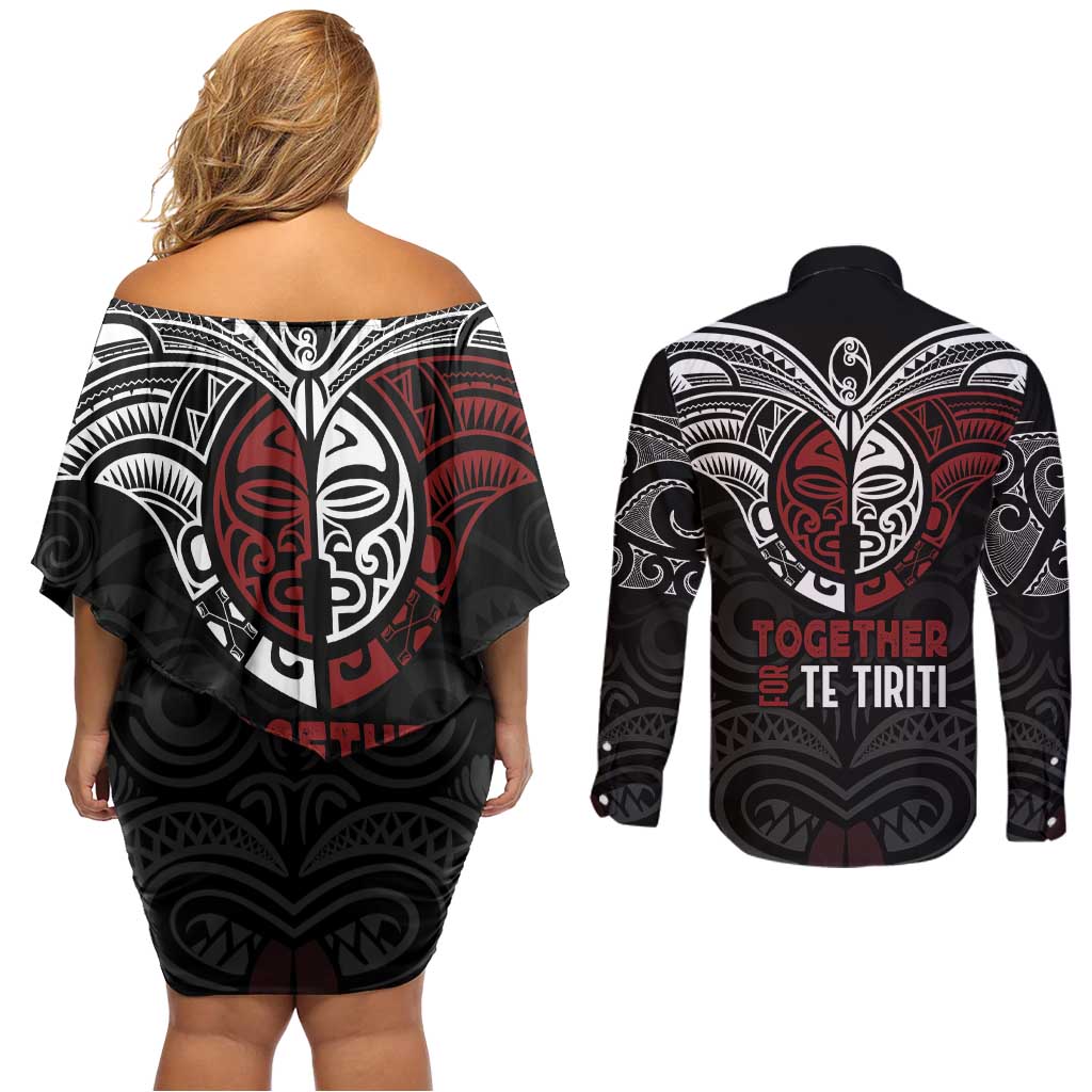 Maori Hongi Toitu Te Tiriti Couples Matching Off Shoulder Short Dress and Long Sleeve Button Shirt Tangata Tiriti Stand With Tangata Whenua