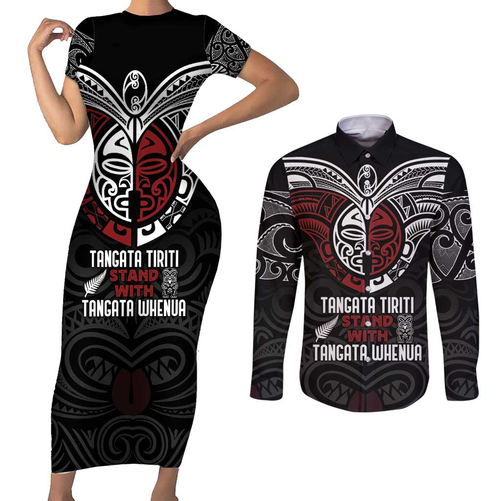Maori Hongi Toitu Te Tiriti Couples Matching Short Sleeve Bodycon Dress and Long Sleeve Button Shirt Tangata Tiriti Stand With Tangata Whenua
