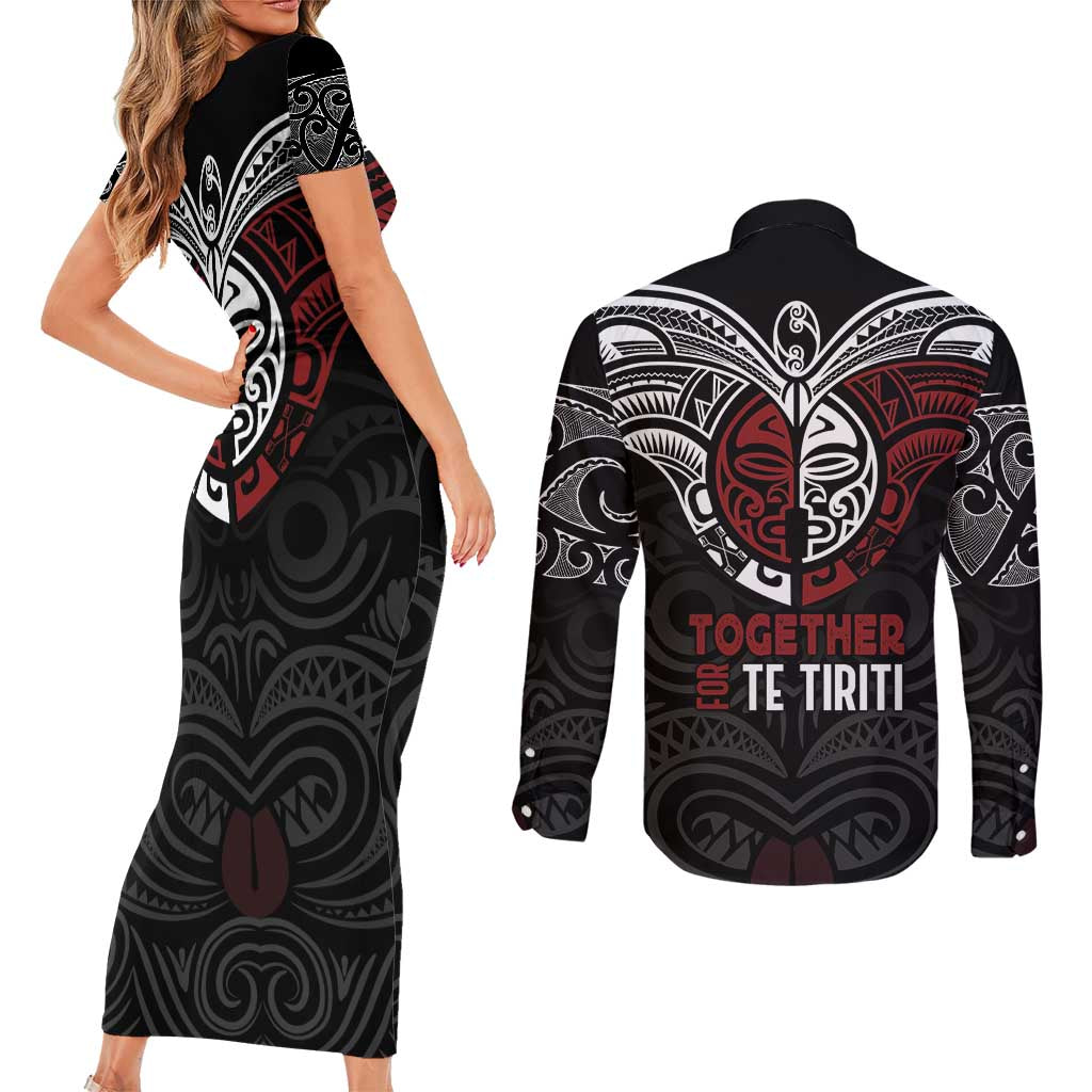 Maori Hongi Toitu Te Tiriti Couples Matching Short Sleeve Bodycon Dress and Long Sleeve Button Shirt Tangata Tiriti Stand With Tangata Whenua
