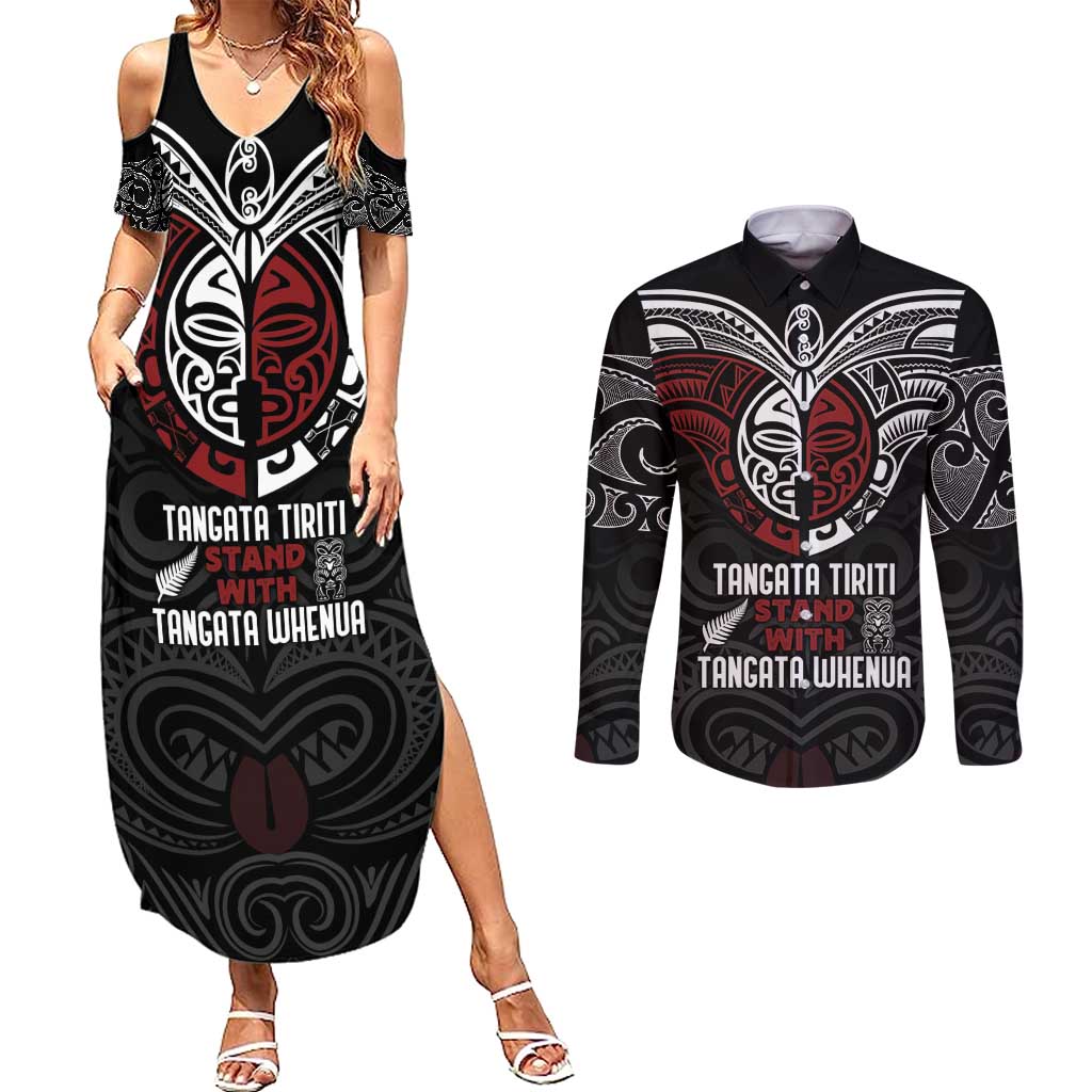 Maori Hongi Toitu Te Tiriti Couples Matching Summer Maxi Dress and Long Sleeve Button Shirt Tangata Tiriti Stand With Tangata Whenua