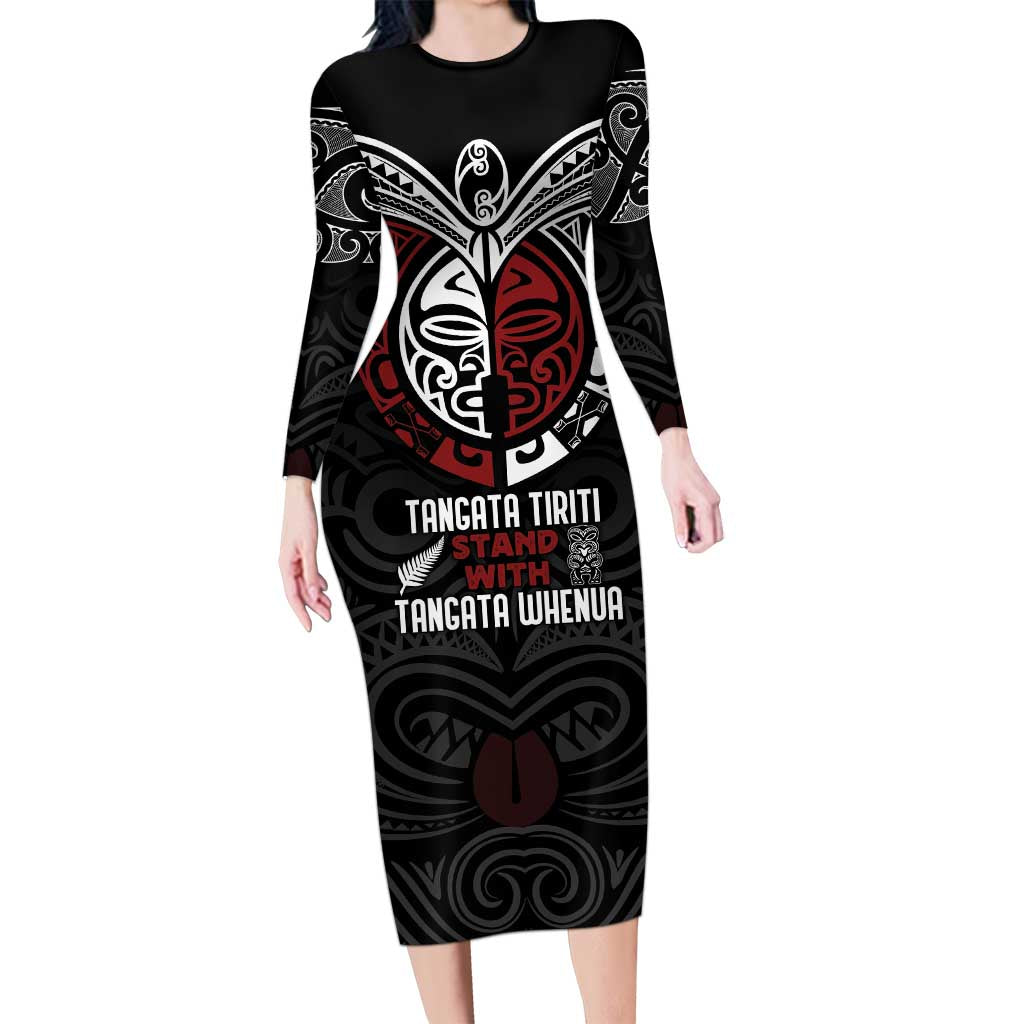 Maori Hongi Toitu Te Tiriti Family Matching Long Sleeve Bodycon Dress and Hawaiian Shirt Tangata Tiriti Stand With Tangata Whenua LT7 Mom's Dress Black - Polynesian Pride