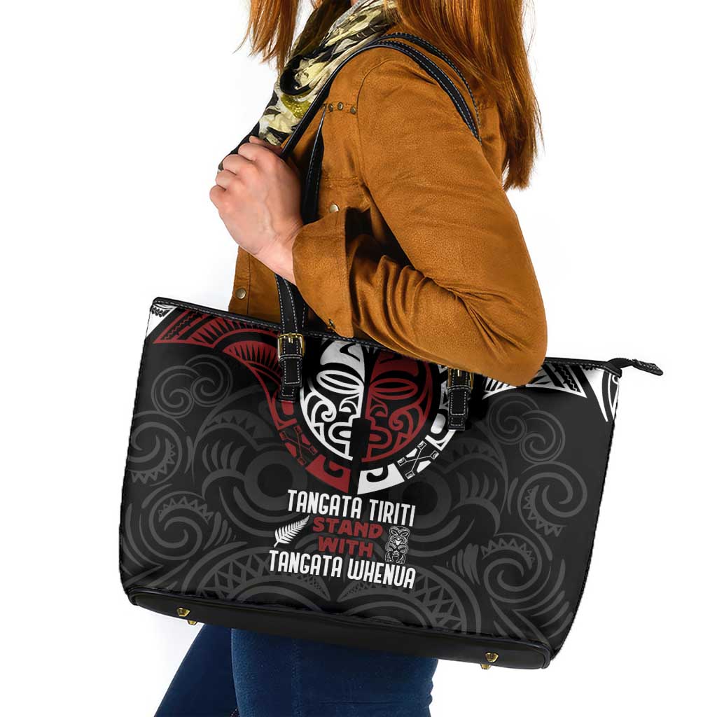 Maori Hongi Toitu Te Tiriti Leather Tote Bag Tangata Tiriti Stand With Tangata Whenua LT7 Black - Polynesian Pride