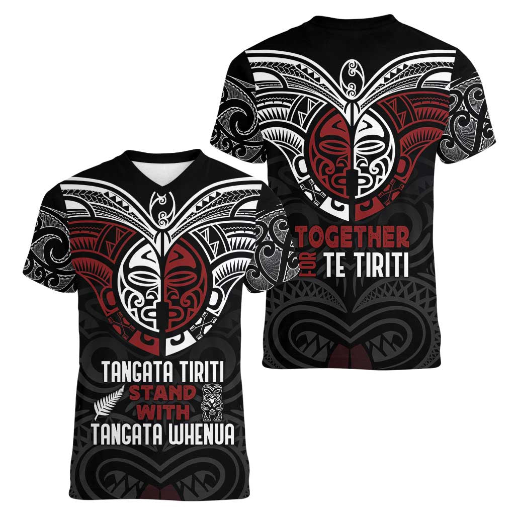 Maori Hongi Toitu Te Tiriti Women V-Neck T-Shirt Tangata Tiriti Stand With Tangata Whenua LT7 - Polynesian Pride