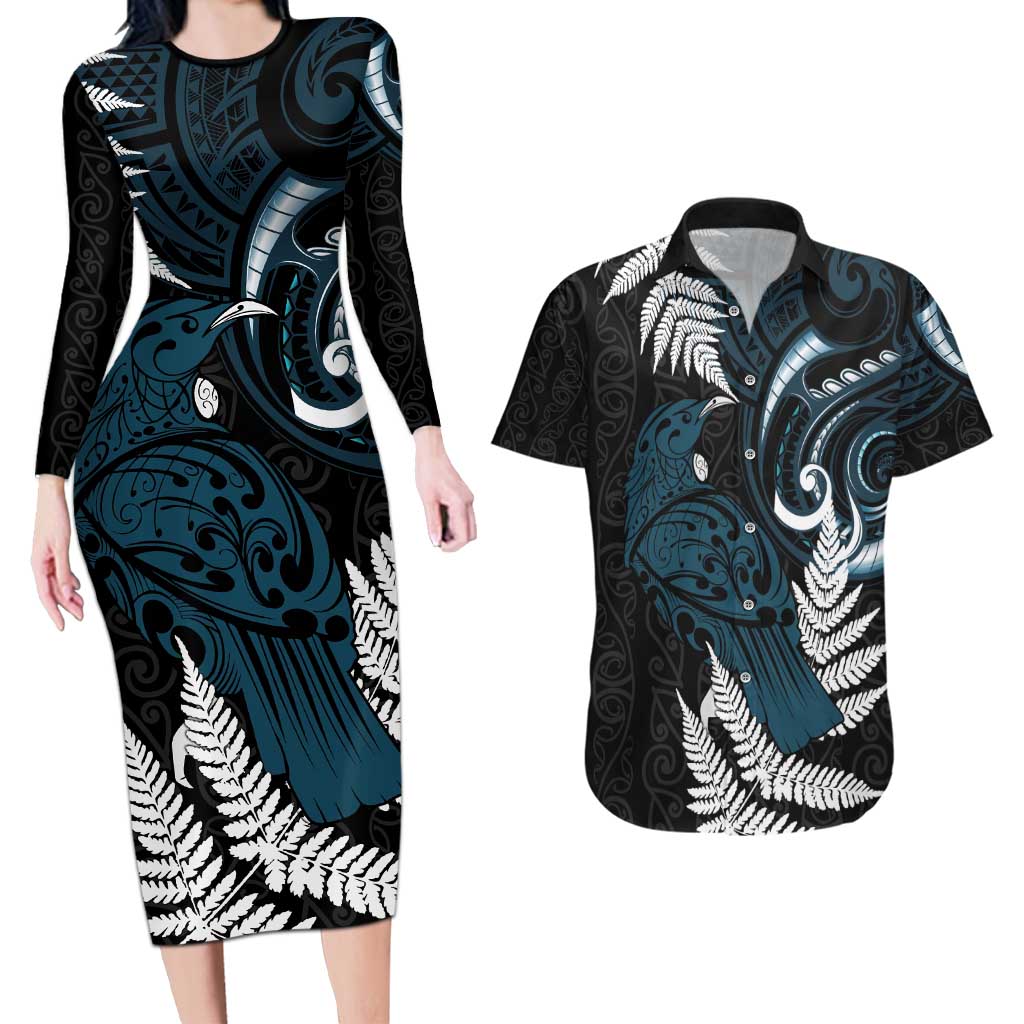 New Zealand Tui Bird Couples Matching Long Sleeve Bodycon Dress and Hawaiian Shirt Maori Kowhaiwhai LT7 Teal - Polynesian Pride