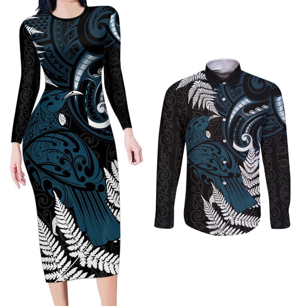 New Zealand Tui Bird Couples Matching Long Sleeve Bodycon Dress and Long Sleeve Button Shirt Maori Kowhaiwhai