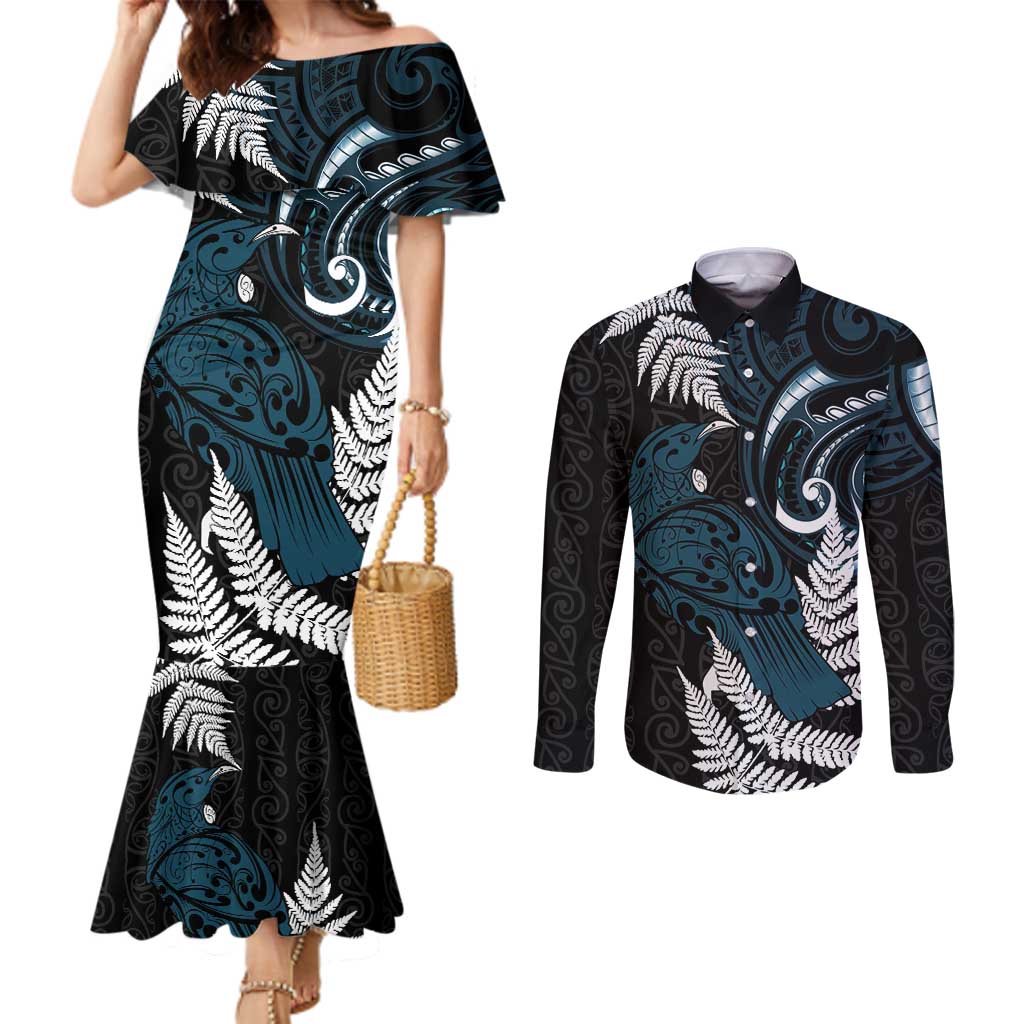 New Zealand Tui Bird Couples Matching Mermaid Dress and Long Sleeve Button Shirt Maori Kowhaiwhai