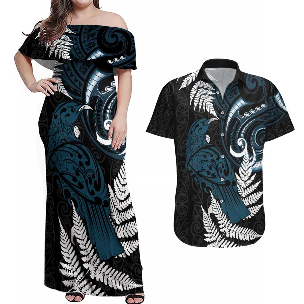 New Zealand Tui Bird Couples Matching Off Shoulder Maxi Dress and Hawaiian Shirt Maori Kowhaiwhai LT7 Teal - Polynesian Pride