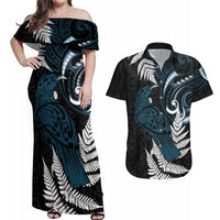 New Zealand Tui Bird Couples Matching Off Shoulder Maxi Dress and Hawaiian Shirt Maori Kowhaiwhai LT7 Teal - Polynesian Pride