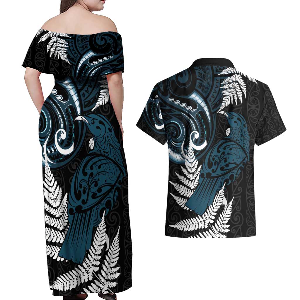 New Zealand Tui Bird Couples Matching Off Shoulder Maxi Dress and Hawaiian Shirt Maori Kowhaiwhai LT7 - Polynesian Pride