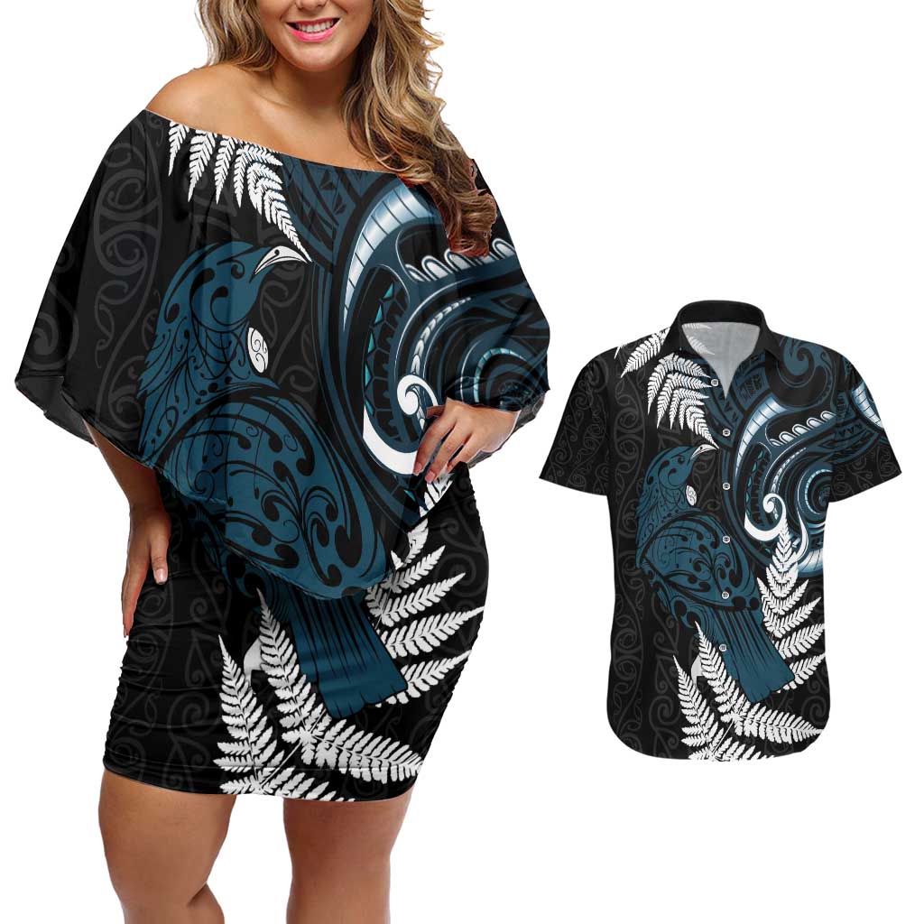 New Zealand Tui Bird Couples Matching Off Shoulder Short Dress and Hawaiian Shirt Maori Kowhaiwhai