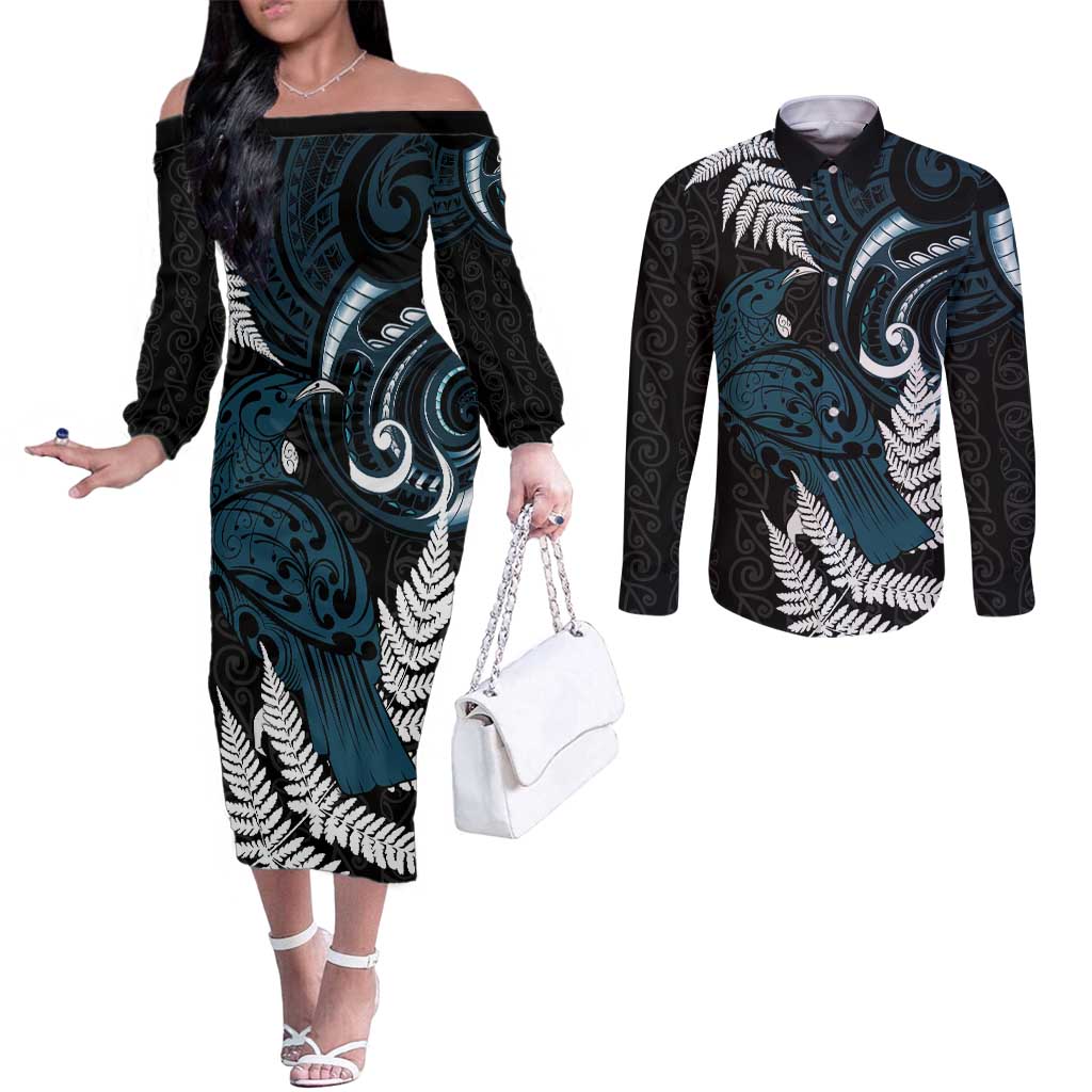 New Zealand Tui Bird Couples Matching Off The Shoulder Long Sleeve Dress and Long Sleeve Button Shirt Maori Kowhaiwhai