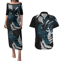 New Zealand Tui Bird Couples Matching Puletasi and Hawaiian Shirt Maori Kowhaiwhai