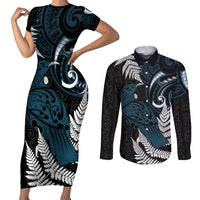 New Zealand Tui Bird Couples Matching Short Sleeve Bodycon Dress and Long Sleeve Button Shirt Maori Kowhaiwhai
