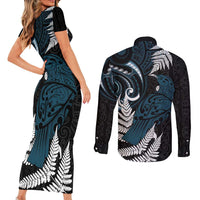 New Zealand Tui Bird Couples Matching Short Sleeve Bodycon Dress and Long Sleeve Button Shirt Maori Kowhaiwhai