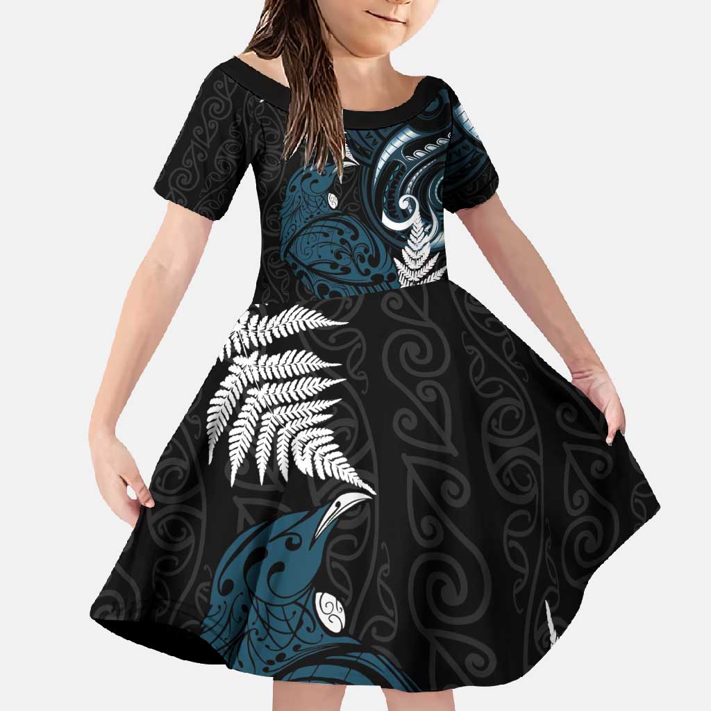 New Zealand Tui Bird Family Matching Long Sleeve Bodycon Dress and Hawaiian Shirt Maori Kowhaiwhai LT7 Daughter's Dress Teal - Polynesian Pride