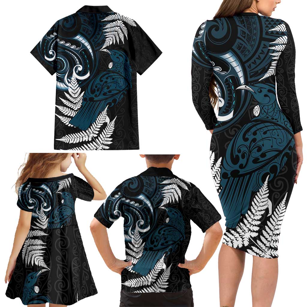 New Zealand Tui Bird Family Matching Long Sleeve Bodycon Dress and Hawaiian Shirt Maori Kowhaiwhai LT7 - Polynesian Pride