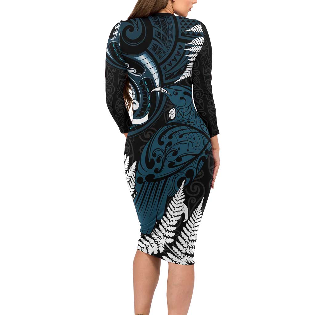 New Zealand Tui Bird Family Matching Long Sleeve Bodycon Dress and Hawaiian Shirt Maori Kowhaiwhai LT7 - Polynesian Pride