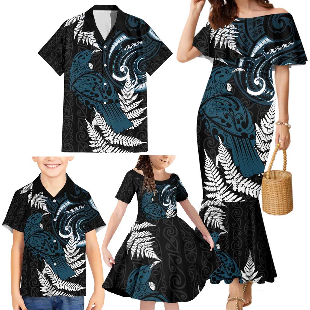 New Zealand Tui Bird Family Matching Mermaid Dress and Hawaiian Shirt Maori Kowhaiwhai LT7 - Polynesian Pride