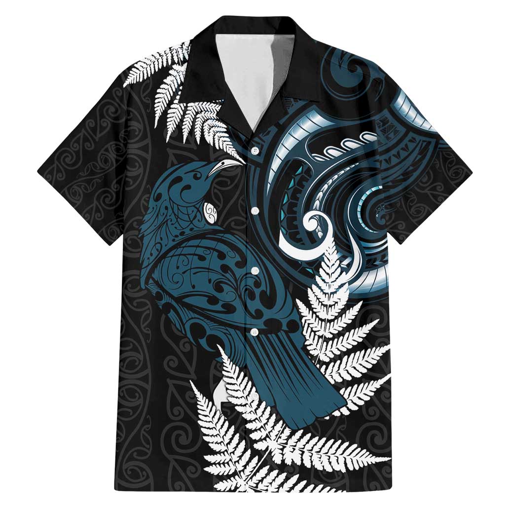 New Zealand Tui Bird Family Matching Mermaid Dress and Hawaiian Shirt Maori Kowhaiwhai LT7 Dad's Shirt - Short Sleeve Teal - Polynesian Pride