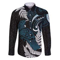 New Zealand Tui Bird Family Matching Mermaid Dress and Hawaiian Shirt Maori Kowhaiwhai LT7 Dad's Shirt - Long Sleeve Teal - Polynesian Pride