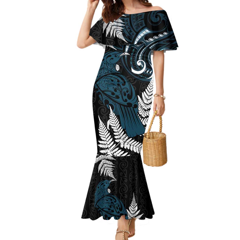 New Zealand Tui Bird Family Matching Mermaid Dress and Hawaiian Shirt Maori Kowhaiwhai LT7 Mom's Dress Teal - Polynesian Pride