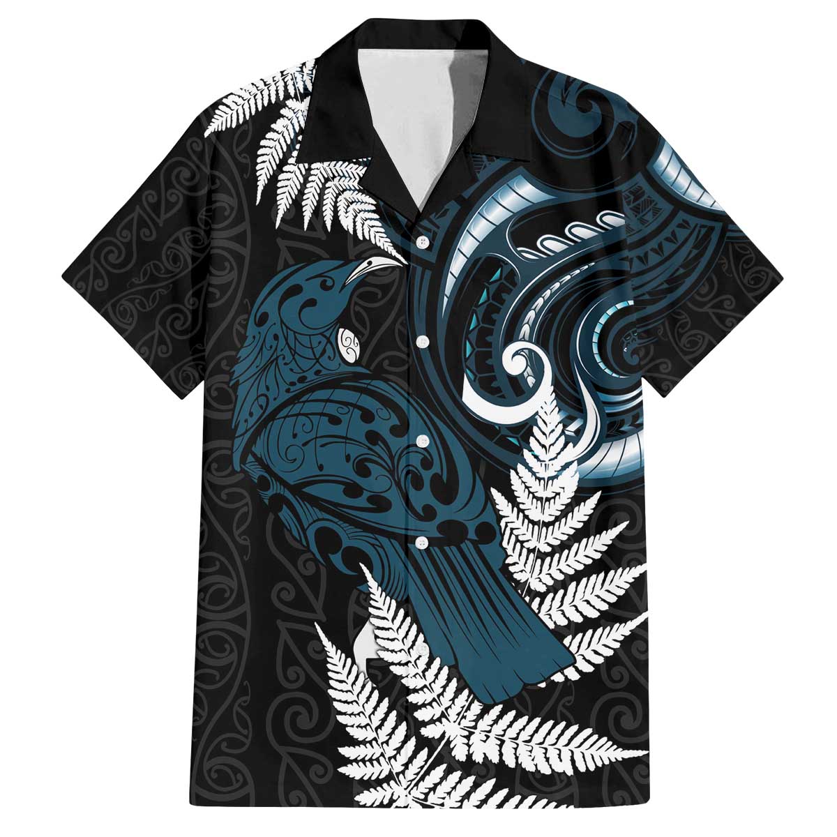New Zealand Tui Bird Family Matching Off The Shoulder Long Sleeve Dress and Hawaiian Shirt Maori Kowhaiwhai