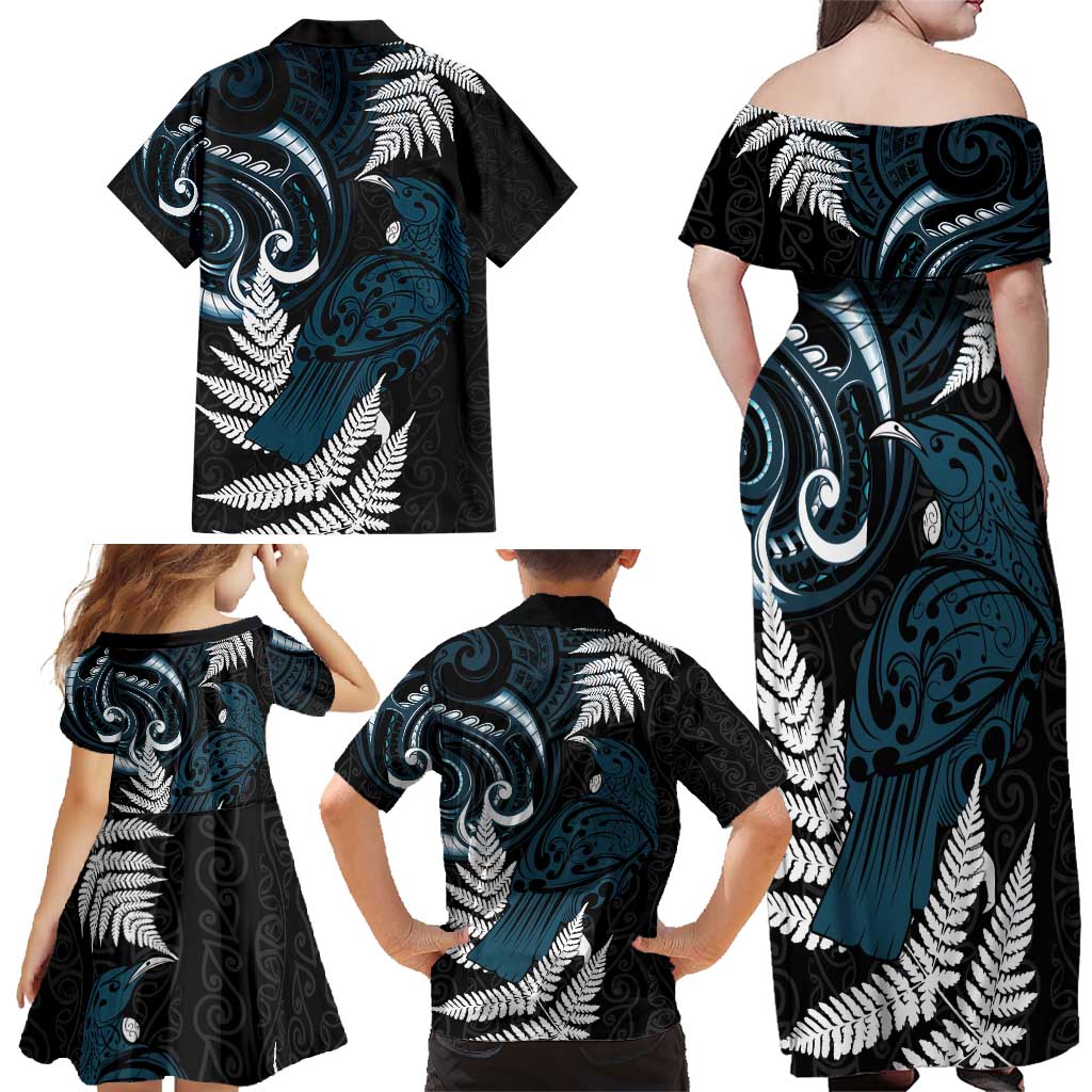 New Zealand Tui Bird Family Matching Off Shoulder Maxi Dress and Hawaiian Shirt Maori Kowhaiwhai LT7 - Polynesian Pride