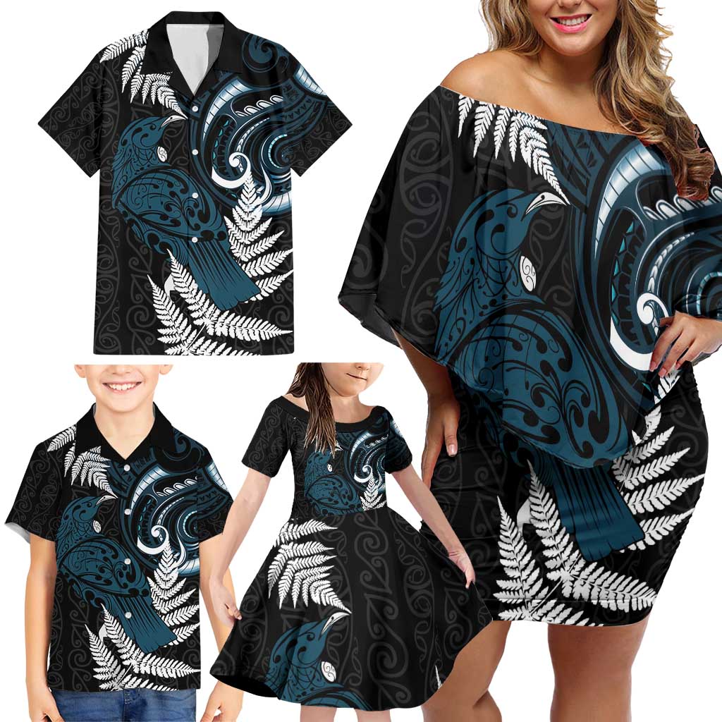 New Zealand Tui Bird Family Matching Off Shoulder Short Dress and Hawaiian Shirt Maori Kowhaiwhai LT7 - Polynesian Pride