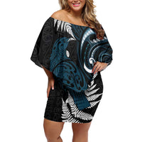 New Zealand Tui Bird Family Matching Off Shoulder Short Dress and Hawaiian Shirt Maori Kowhaiwhai LT7 Mom's Dress Teal - Polynesian Pride