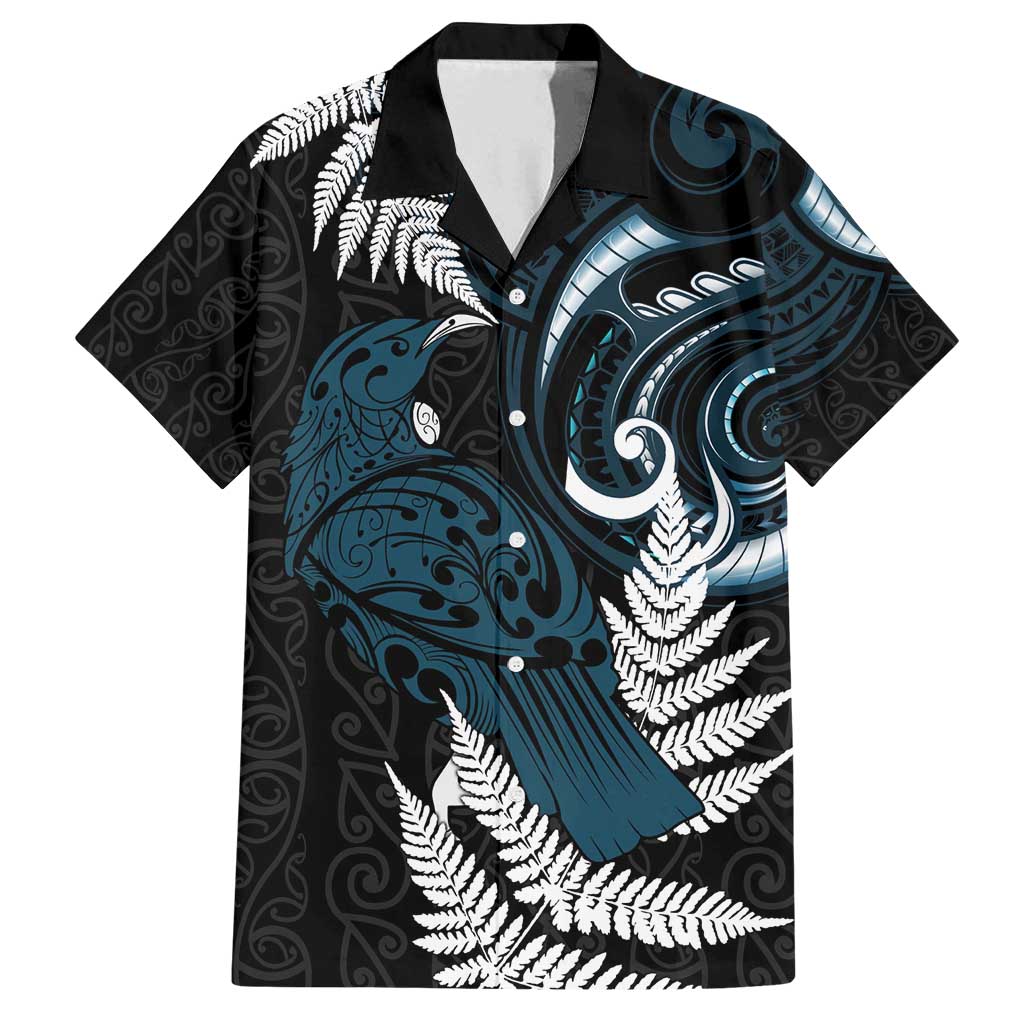 New Zealand Tui Bird Family Matching Puletasi and Hawaiian Shirt Maori Kowhaiwhai LT7 Dad's Shirt - Short Sleeve Teal - Polynesian Pride