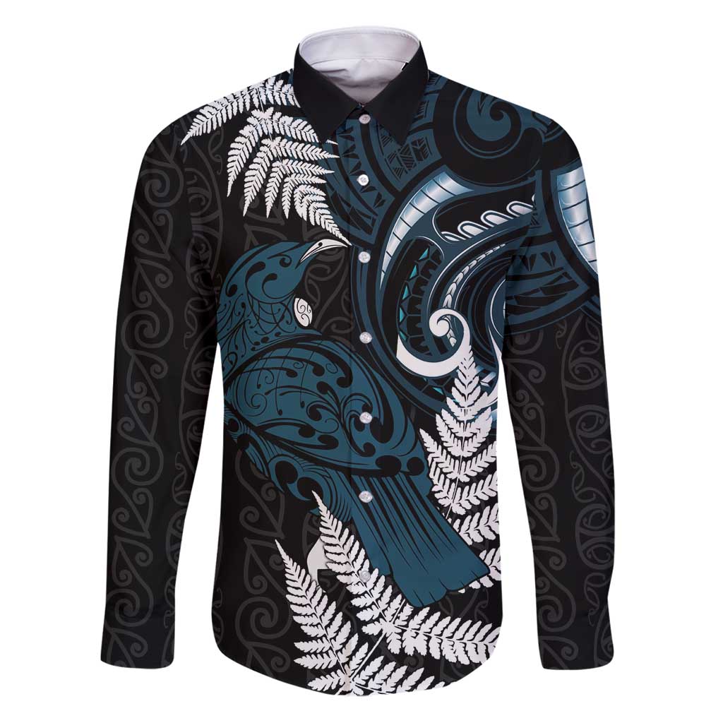 New Zealand Tui Bird Family Matching Puletasi and Hawaiian Shirt Maori Kowhaiwhai LT7 Dad's Shirt - Long Sleeve Teal - Polynesian Pride
