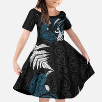 New Zealand Tui Bird Family Matching Short Sleeve Bodycon Dress and Hawaiian Shirt Maori Kowhaiwhai LT7 Daughter's Dress Teal - Polynesian Pride