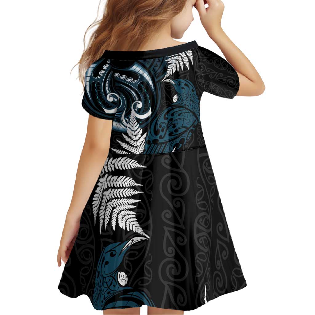 New Zealand Tui Bird Family Matching Short Sleeve Bodycon Dress and Hawaiian Shirt Maori Kowhaiwhai LT7 - Polynesian Pride