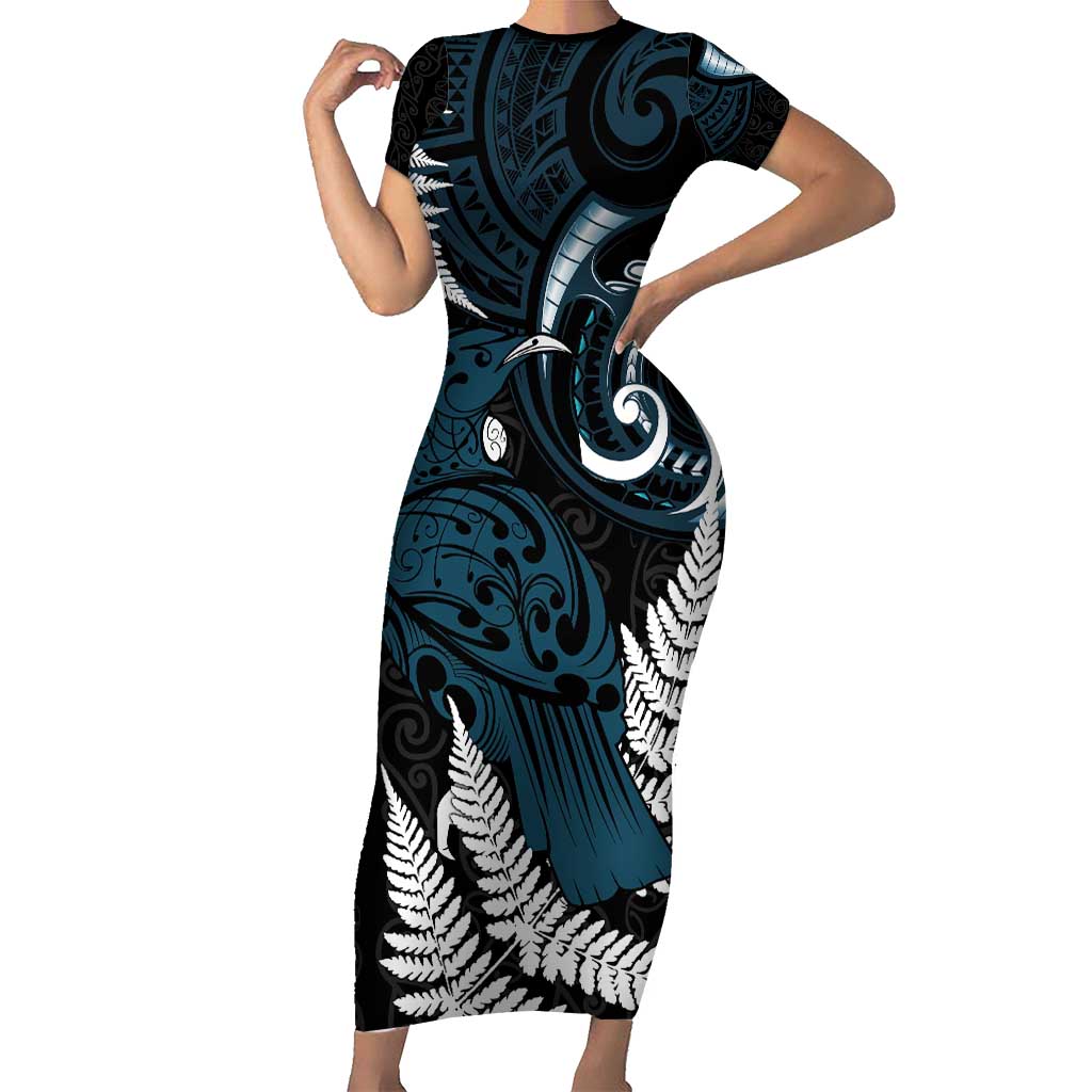 New Zealand Tui Bird Family Matching Short Sleeve Bodycon Dress and Hawaiian Shirt Maori Kowhaiwhai LT7 Mom's Dress Teal - Polynesian Pride