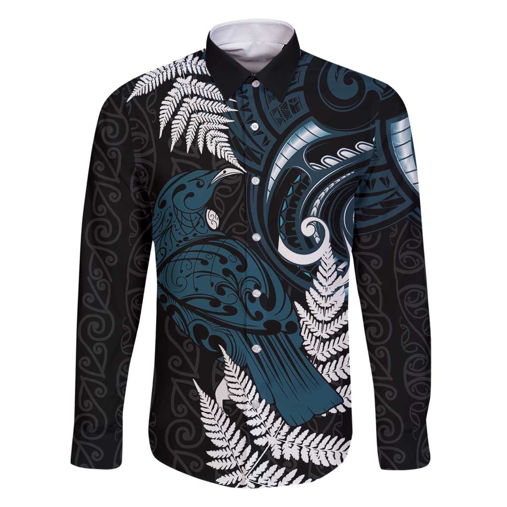New Zealand Tui Bird Family Matching Summer Maxi Dress and Hawaiian Shirt Maori Kowhaiwhai LT7 Dad's Shirt - Long Sleeve Teal - Polynesian Pride