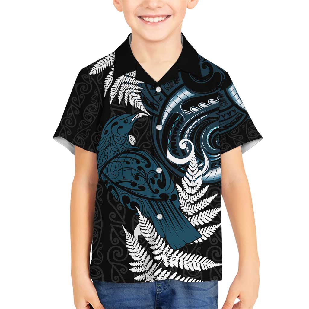 New Zealand Tui Bird Family Matching Summer Maxi Dress and Hawaiian Shirt Maori Kowhaiwhai LT7 Son's Shirt Teal - Polynesian Pride