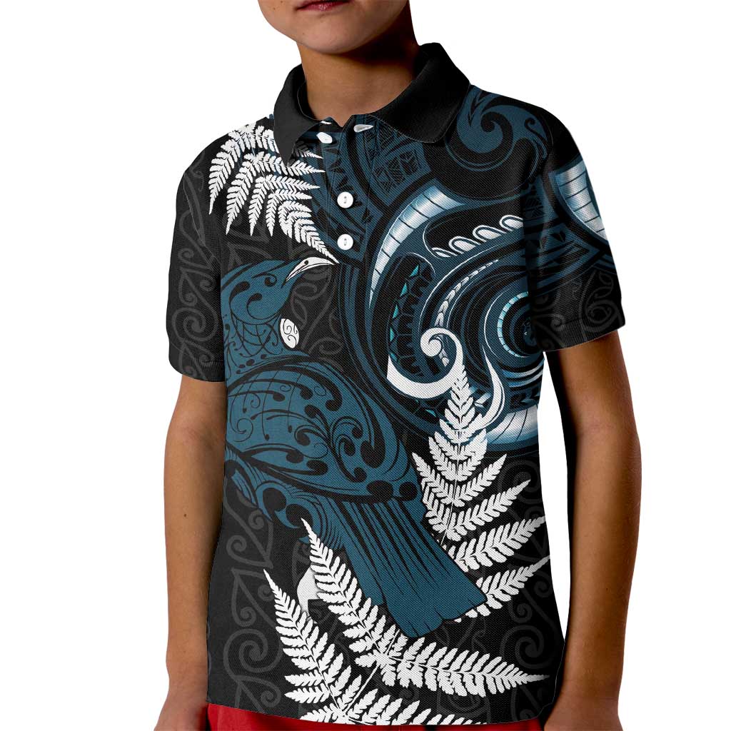 New Zealand Tui Bird Kid Polo Shirt Maori Kowhaiwhai LT7 Kid Teal - Polynesian Pride