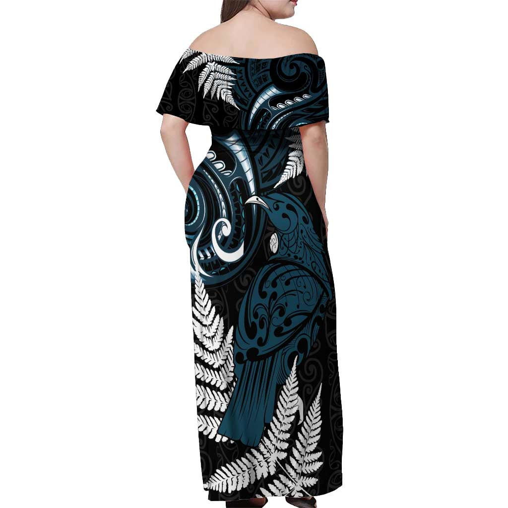New Zealand Tui Bird Off Shoulder Maxi Dress Maori Kowhaiwhai