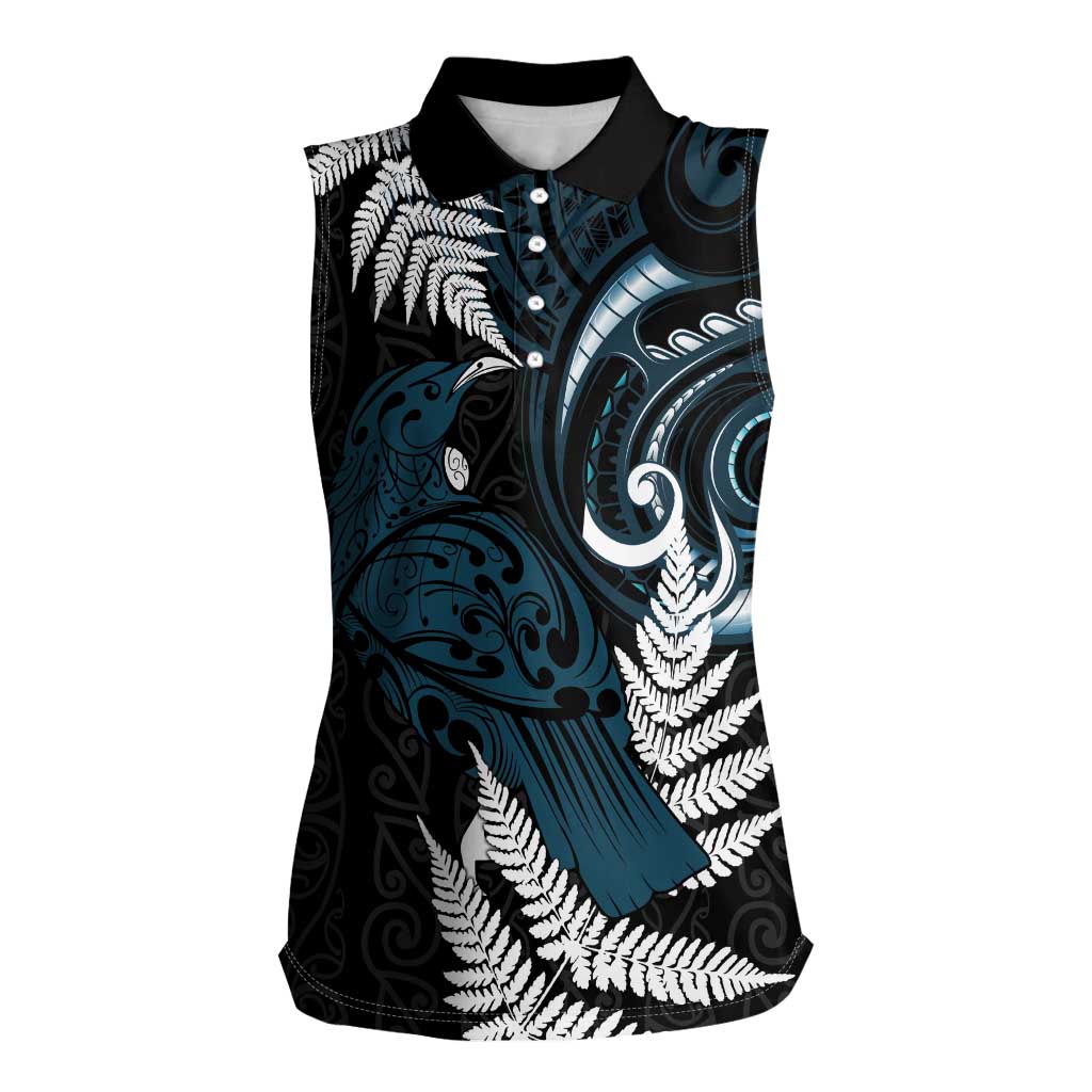 New Zealand Tui Bird Women Sleeveless Polo Shirt Maori Kowhaiwhai