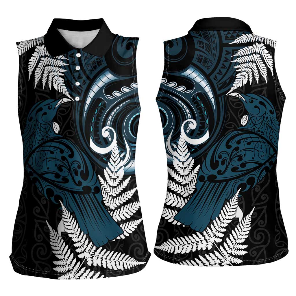 New Zealand Tui Bird Women Sleeveless Polo Shirt Maori Kowhaiwhai
