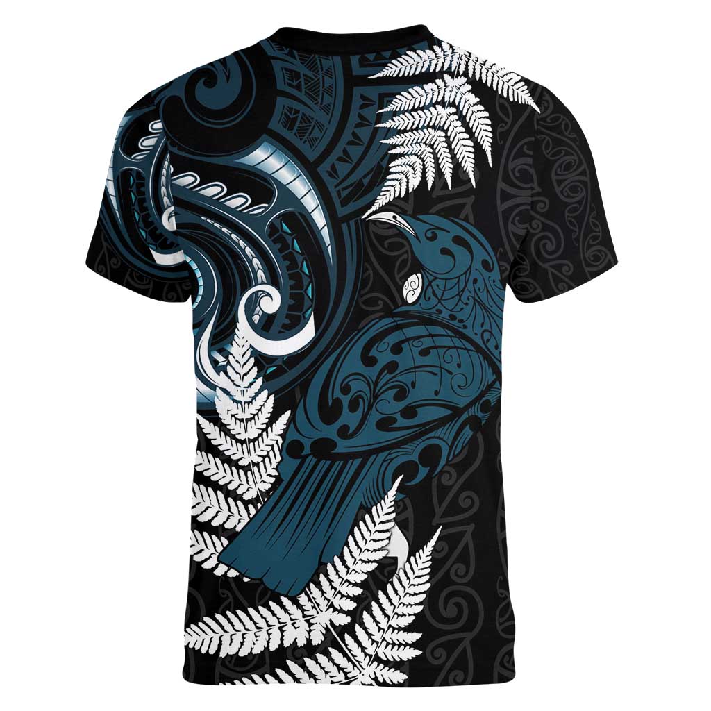 New Zealand Tui Bird Women V-Neck T-Shirt Maori Kowhaiwhai LT7 - Polynesian Pride
