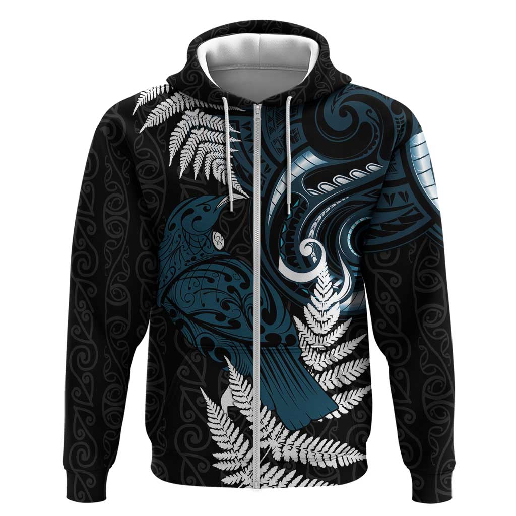 New Zealand Tui Bird Zip Hoodie Maori Kowhaiwhai LT7 Zip Hoodie Teal - Polynesian Pride