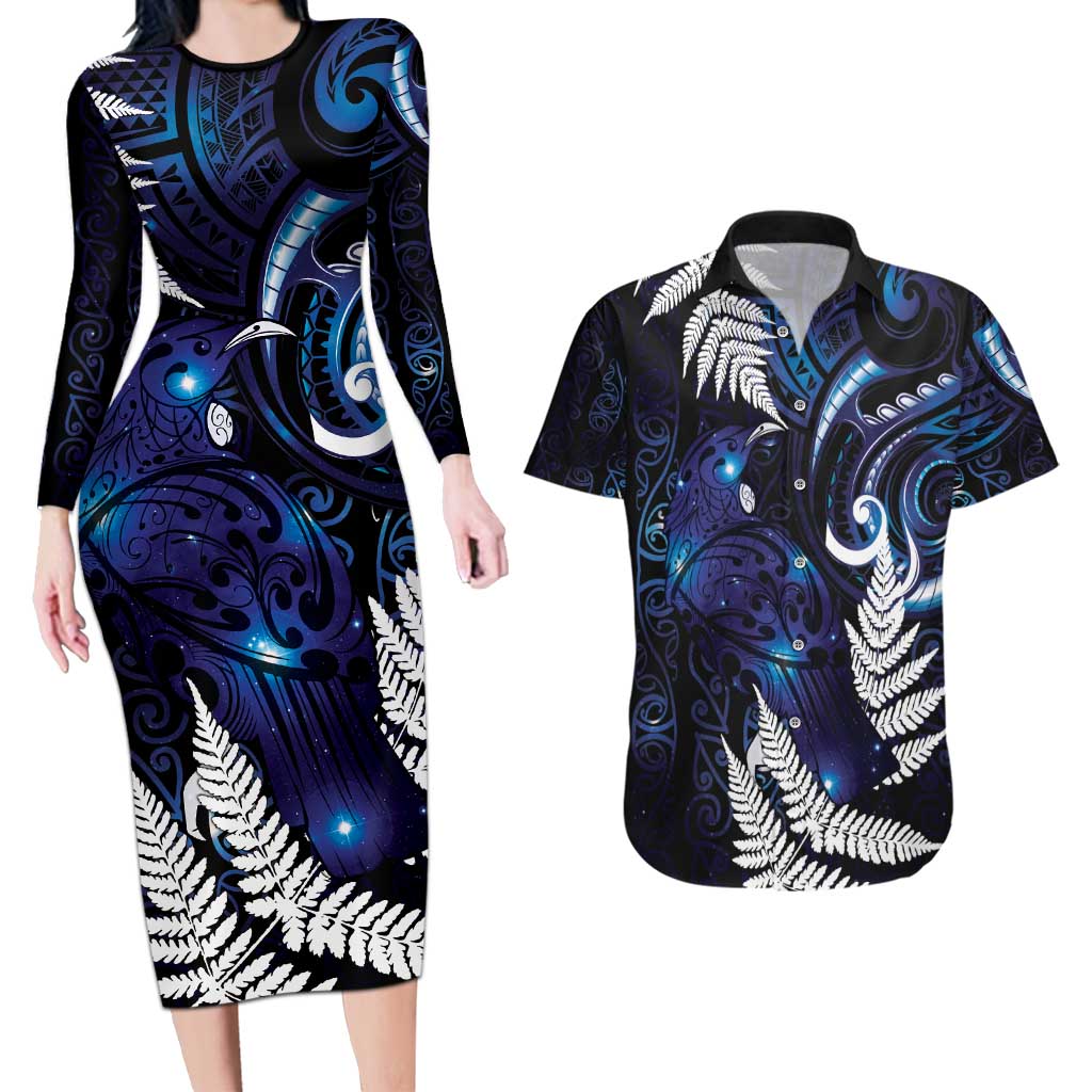 New Zealand Maori Matariki Couples Matching Long Sleeve Bodycon Dress and Hawaiian Shirt Tui Bird Galaxy