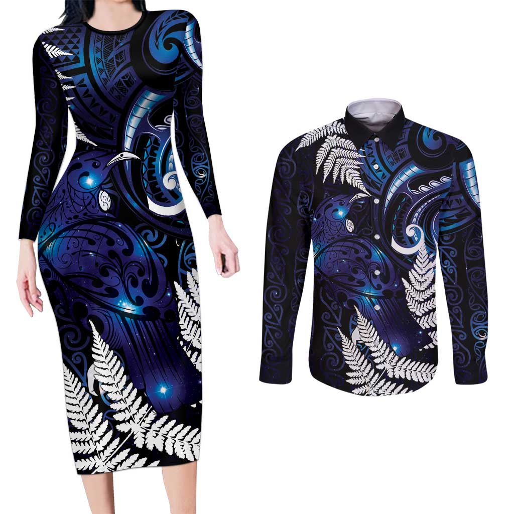 New Zealand Maori Matariki Couples Matching Long Sleeve Bodycon Dress and Long Sleeve Button Shirt Tui Bird Galaxy